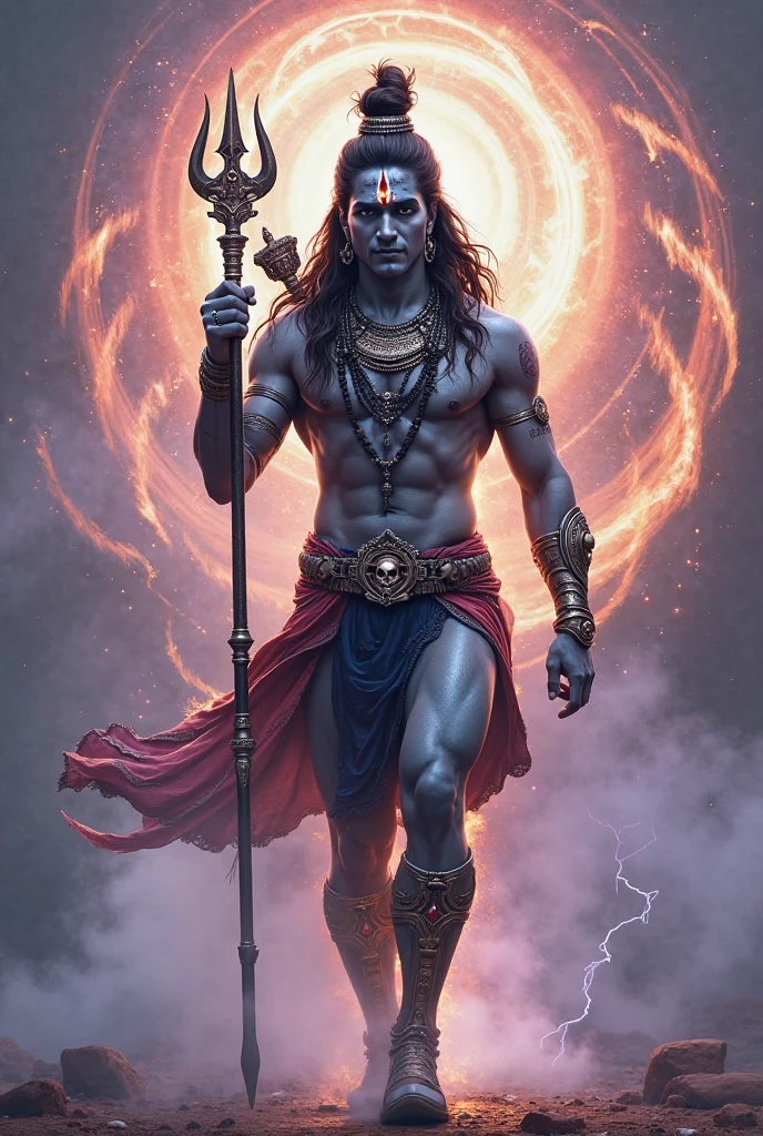Lord shiv with red buring  in eye add some energy and power with trishul 
Make body extreme muscular for face take reference for mythology of mahadeva 