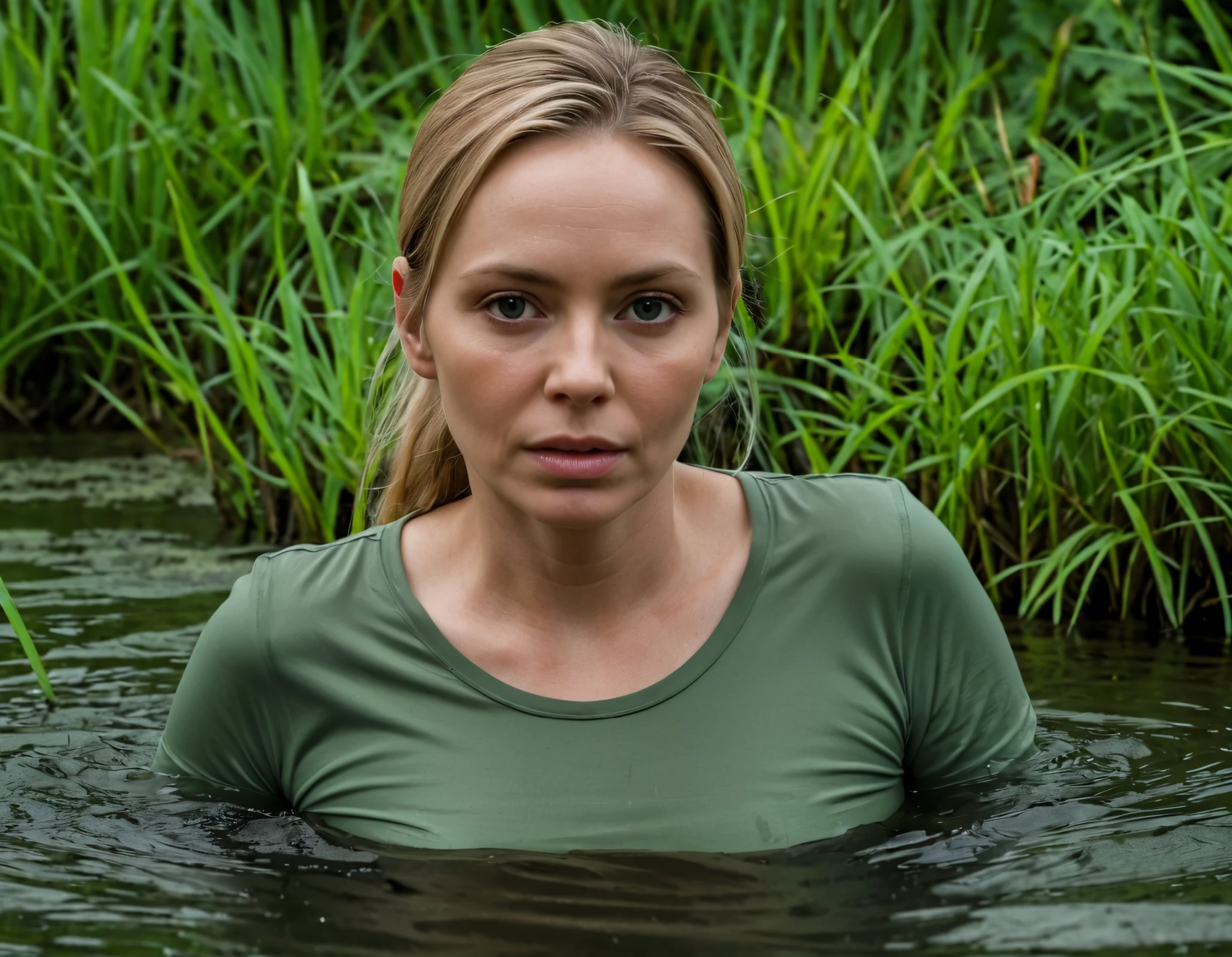 detailed close-up portrait (45-year-old ordinary woman) drowning in the swamp. She is wearing a tight t-shirt. The atmosphere of the photo remains dark and tense.