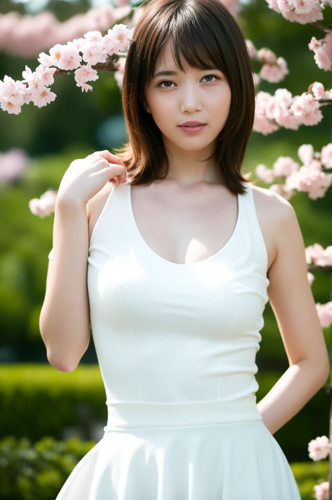 (Cherry blossoms in full bloom:1.7),(Cherry blossom petals dancing in the wind:1.3),(wood々Sunlight shining through:1.3),One Girl,Blushing cheeks,Looking at the audience,Big Breasts,(Oversized see-through tank top:1.7).A see-through tank top that accentuates your bust,Open see-through tank top,Wet Face,Wet Skin,Wet body,Wet costume,Wet Hair,Flower Hair Ornaments,necklace,Looking up from under the earrings,Written boundary depth,Pointy red mouth,(Reddish brown wet shiny short hair),Red Mouth,clavicle,Beautiful fingers,Hourglass-shaped body,Full body portrait,cute ,Wet Face,Digital Illustration,Single-lens reflex camera,Sharp contrast of light and shadow ,(Photorealistic:1.3),(RAW Photos.), (Tabletop,Highest quality,Ultra-high resolution output images,) (8K quality,),(Picture Mode Ultra HD,),