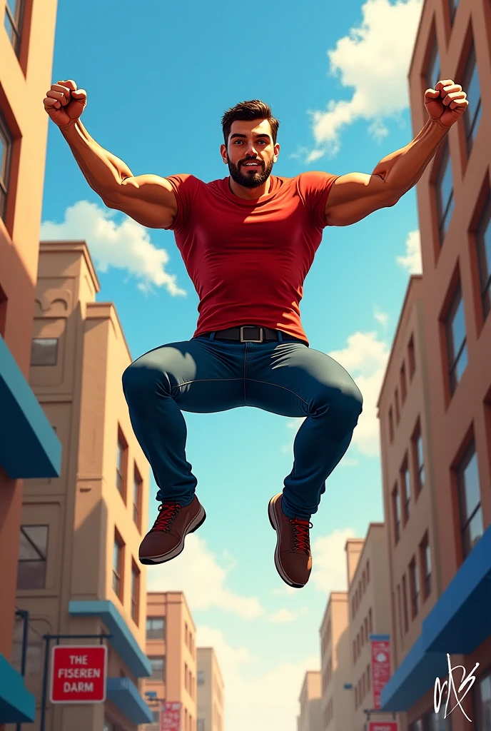 100 meter tall eboy, medium lenght hair, shirtless, laughing, clean shaven, round face, feminine, dramatic lighting, highest quality, red eyes, evil, Cinematic lighting, abs, hands raised, standing over city, (((top view))), toned body, perfect face, looking at viewer, detailed background, (detailed skin), [freckles], natural lighting, (direct light:0.4), 8mm film grain, photographed on a Sony a9 II, 24mm lens, F/2.8 aperture, deep focus, (RAW), 8k