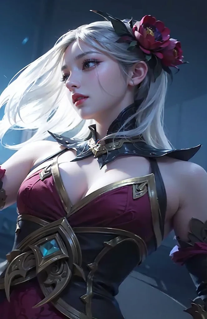 (female:1.2), 8k, ultra hd, ultra detailed texture, hyper realistic, masterpiece, detailed texture, detailed face, detailed skin, detailed lighting, (photorealistic:1.5), best quality, beautiful lighting, cinematic lighting, professional lighting, ultra highres, realistic, detailed hair, real hair, high quality, (realskin:1.5), extremely detailed, finely detail, ultra-detailed, 1girl, solo, flying, (yellow eyes:1.5), v-shaped eyebrow, lips, parted lips, smile, teeth, white skin, nose, pretty, beautiful, make up, cute face, long hair, white hair, ponytail, large breasts, cleavage, pauldrons, gauntlets, purple bodysuit, Long sleeve, armor shoulder, sword, holding sword, dual wielding, planted sword, \(mobile legends\), depth of field, looking aways, skin tight, amazing pose, glowing, cloud, sky, condensation trail, outdoors, blurry background