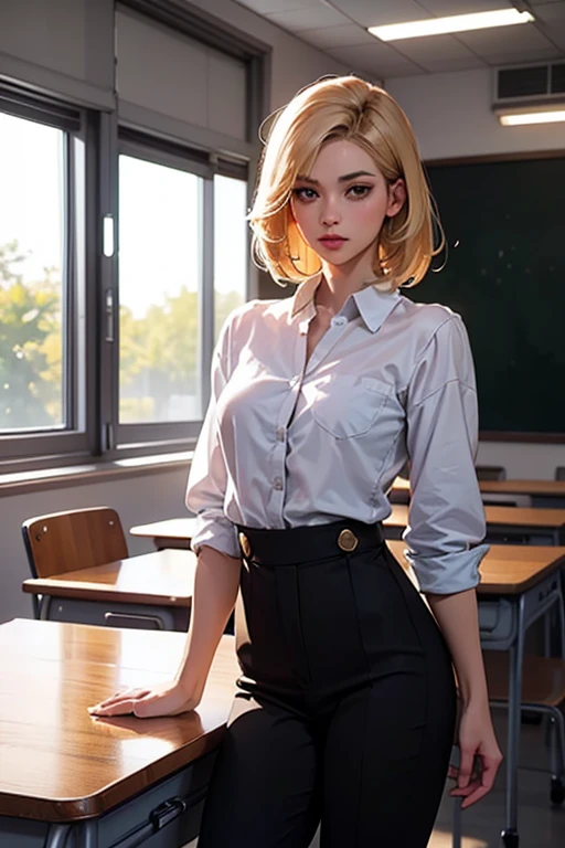 (masterpiece, best quality, highres, high resolution:1.2), extremely detailed, realistic, intricate details, seductive pose, eye-level shot, Melina, pretty, blonde brunette with short wavy hair and natural breasts, classroom, wearing a blue dress shirt, black skirt, sitting on desk, smiling