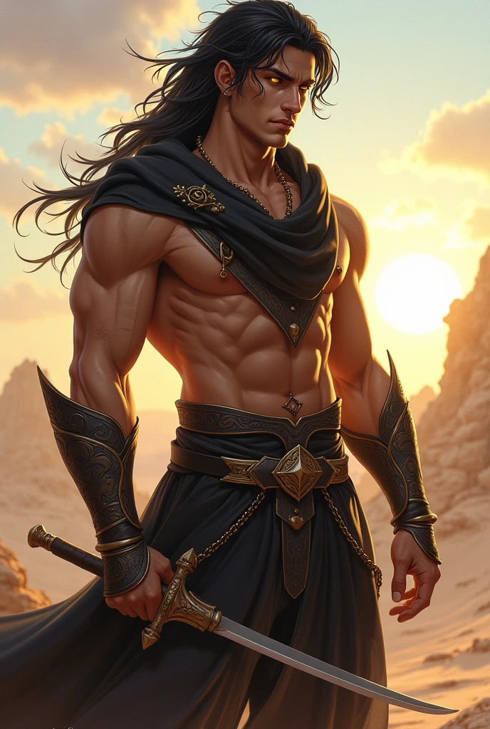 (((1boy))) (((Solo focus))) Design an incredibly handsome male fantasy character in traditional dark, medieval fantasy attire. He looks Arabic. Looks Middle Eastern. (((Very sexy male ethnic features.))) Long black hair in unique and memorable style. Powerful stare. gothic art, Dungeons & Dragons character portrait, intricate details, ultra detailed, ultra detailed clothes, ultra epic masterpiece, ultra detailed, intricate details, award winning, fantasy art concept masterpiece, trending on Artstation, digital art, unreal engine, 8k, ultra HD, centered image masterpiece:1.2, photorealistic:1.2, girl focus, volumetric lighting, glossy skin, shiny skin,