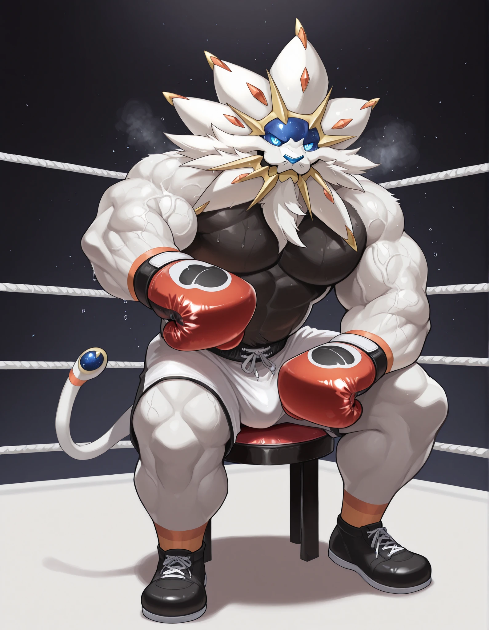 Solgaleo, anthro male, high quality, full body, looking at viewer, solo, boxing ring background, red boxing gloves, thick very veiny arms, rugged muscles with protruding veins, white boxing shorts, black boxing shoes, heavyweight boxing champion, glistening fur, sweaty, brutal expression, steam, sitting on a stool, brutal eyes, gear up with fighting spirit, shirtless, rest your elbows on the ring rope, b0xingp0v