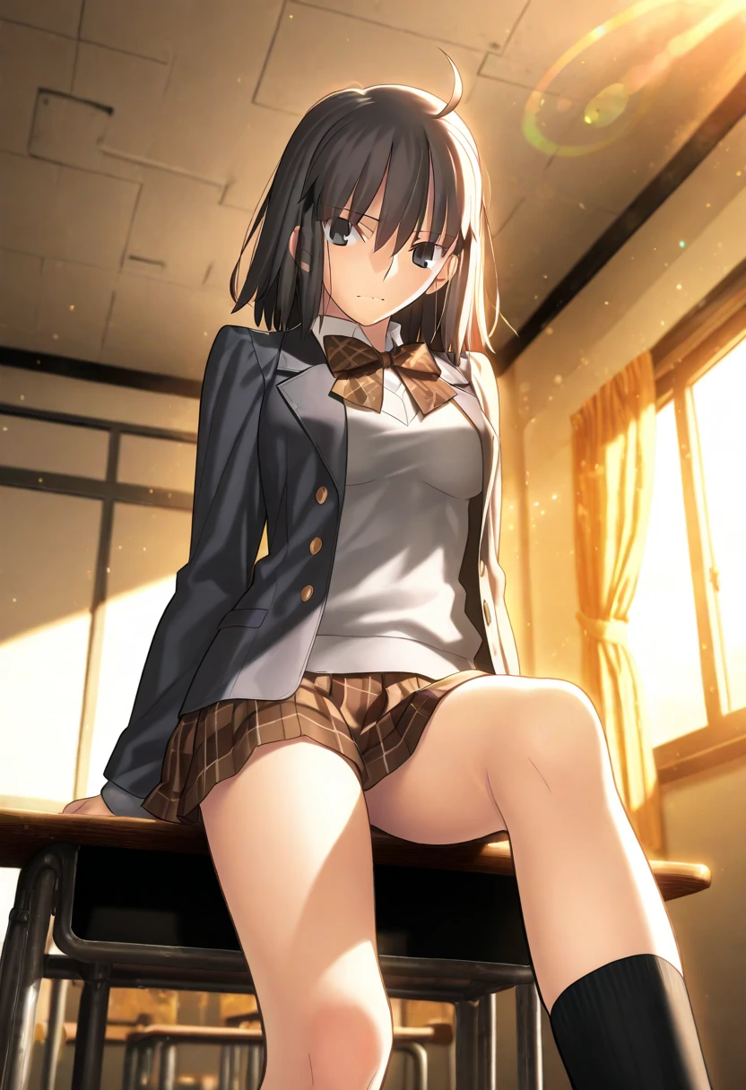 cream_ami, 1girl, brown eyes, brown hair, black hair, long hair, blazer, , masterpiece, best quality, 1girl, small breasts.nfsw,pussy,nude,spread legs,vaginal,sex,light smile, sunlight,classroom , selfie,crotch grab ,skirt lift