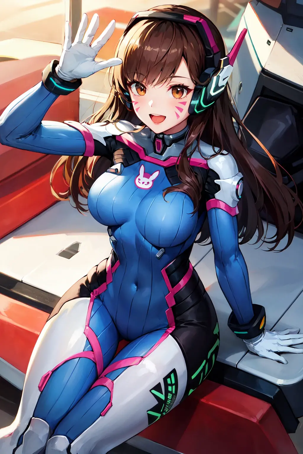 Masterpiece, Best Quality, High Resolution, 1Girl, Ultra High Resolution, Solo, Mech Pilot, D.VA, Headphones, Pink Eyes, Blue Tights, Brown Hair, White Gloves, Face Decoration