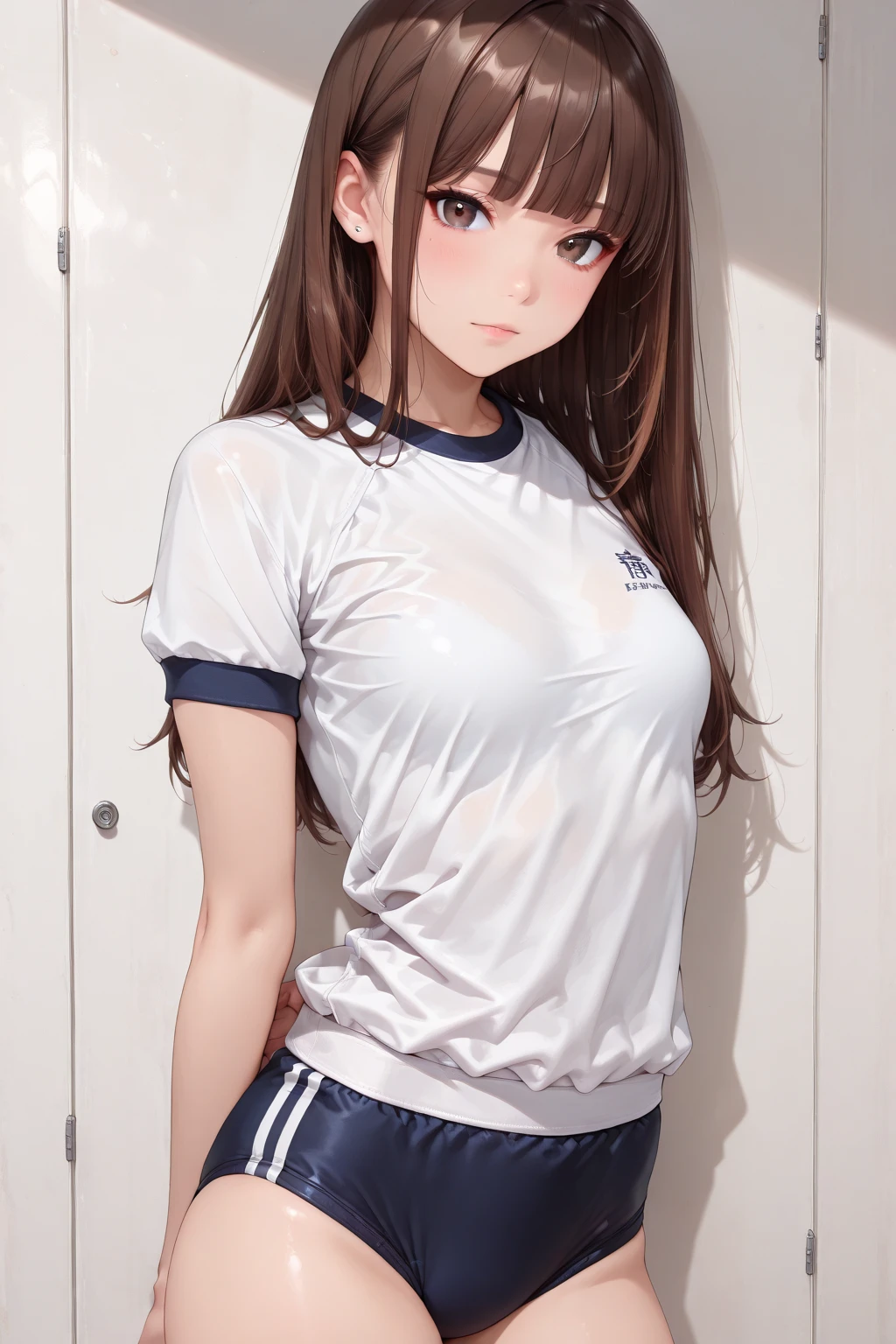 (masterpiece,highest quality,超A high resolution),japanese woman, (((very beautiful 20 year old girl))), pretty girl、look at the photographer、 ((beautiful low ponytail)), super cute face, glossy lips, double eyelids in both eyes,natural smile、 natural makeup, long eyelashes, shiny smooth hair、center image, perfect limbs, perfect anatomy,(((soccer uniform)))、(wet with sweat),,beautiful breasts,See-through,,look back