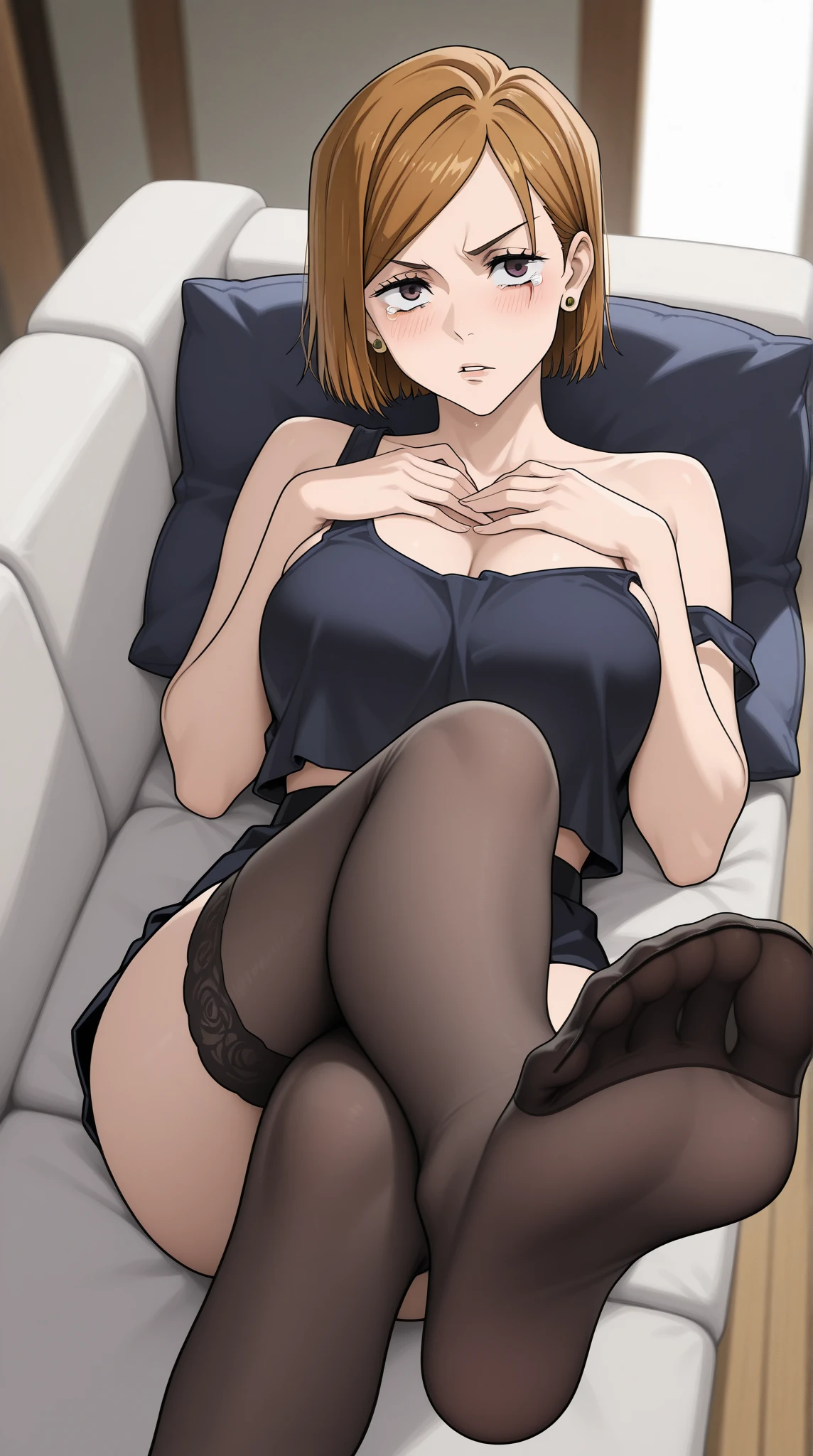 No bra, sexy lingerie, short pantyhose, beautiful legs, thighs, makima, yellow eyes, day hotel room, crossed legs, sitting on the bed, sensual smile, 4k, best quality, masterpiece, beautiful body, sensual, whole body.