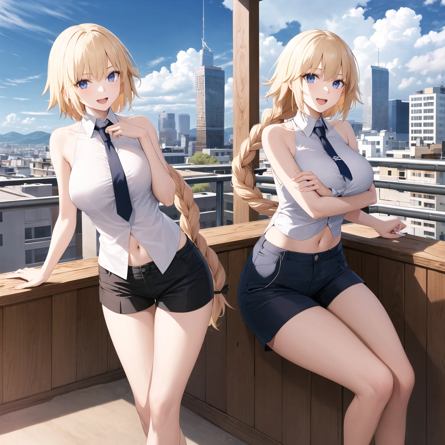 blonde woman, white tank top, plaid miniskirt, posing. standing.