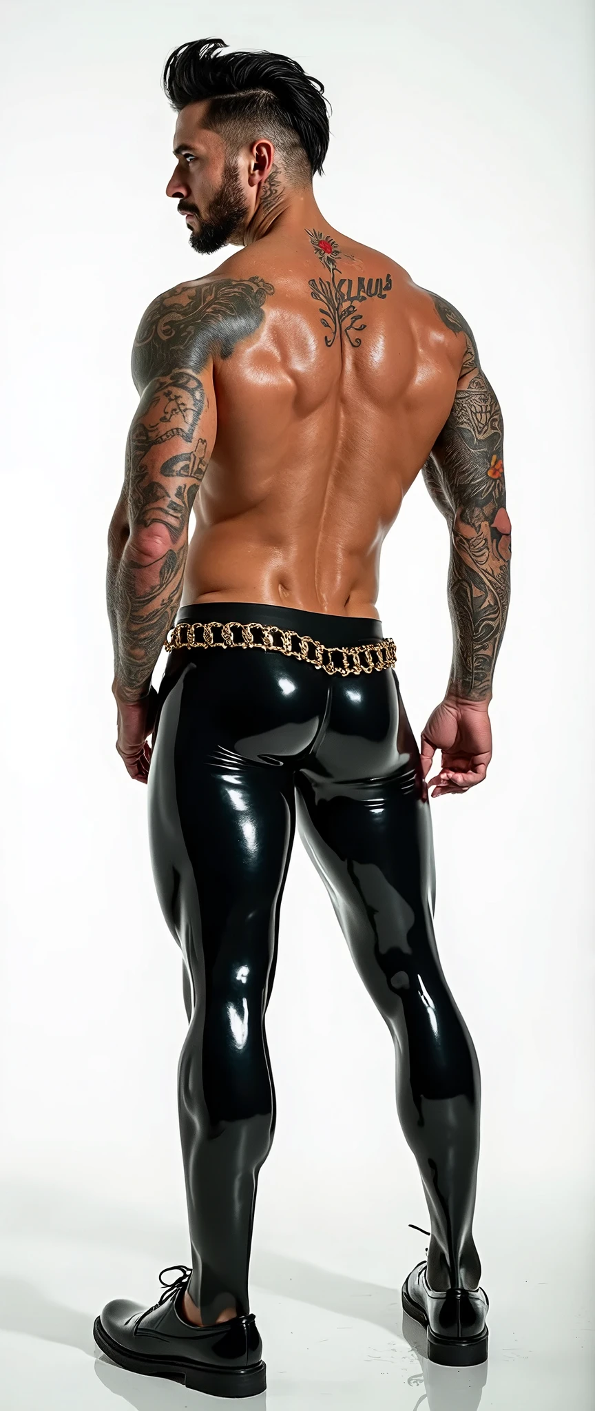 Fullbody standing picture of white Handsome muscular nude horny sexy gay man wearing skinny tight shiny black latex tights with brown shiny latex suit, shiny light brown glued hair Disconnected Pompadour oiled hair style, very big golden neck chain, shiny varnished brown shoes, brown belt,, red lip, six pack, tattoos, horny, cum shot, sperm, milking penis, very big penis, very big testicle, shiny oiled skin, orgasm, oversexed, masturbation, standing at white lighting show room.