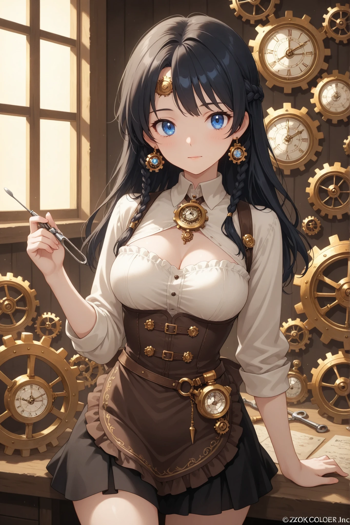 masterpiece, BREAK 1girl, 20 years old, beautiful detailed anime face, focused blue eyes, BREAK black hair styled in intricate braids, wearing a steampunk watchmaker's outfit: an apron over a blouse revealing cleavage, a ruffled mini skirt, and a jeweler's loupe on her forehead, BREAK meticulously repairing a complex clockwork mechanism with tweezers at a workbench in a workshop filled with clocks, gears, and tools, BREAK intricate and focused atmosphere, warm lighting, high-quality anime art style, steampunk artisan.