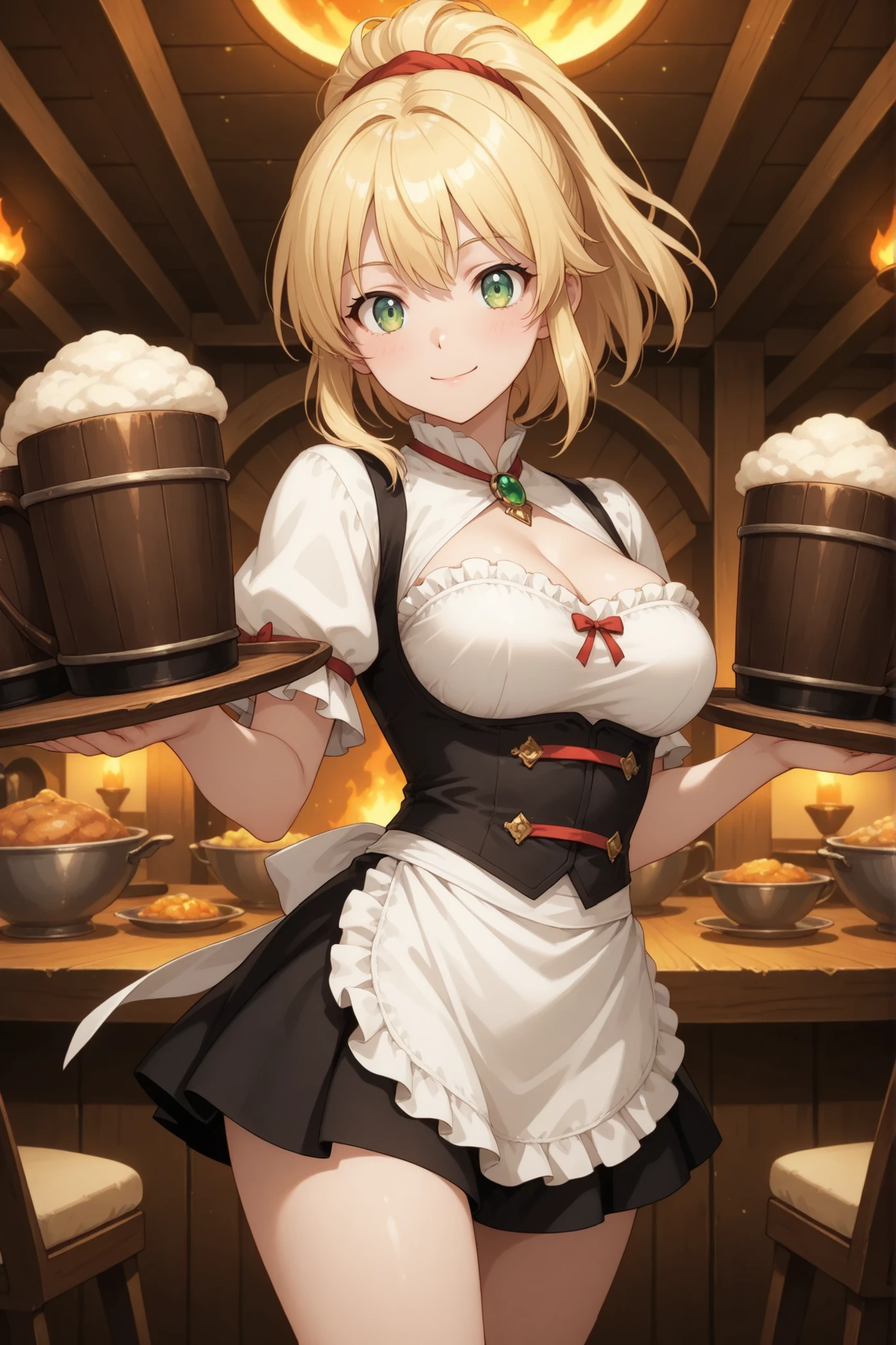 masterpiece, BREAK 1girl, 20 years old, beautiful detailed anime face, cheerful green eyes, BREAK golden blonde hair in a bouncy ponytail, wearing a fantasy tavern waitress uniform: a frilled blouse accentuating cleavage, a short mini skirt, and an apron, BREAK skillfully carrying a tray laden with oversized tankards and exotic dishes in a bustling, rustic fantasy inn filled with adventurers and strange creatures, BREAK lively and welcoming atmosphere, warm hearth fire, high-quality anime art style, fantasy restaurant scene.
