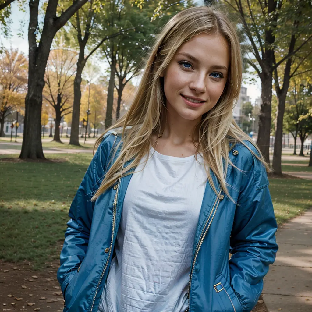 masterpiece, best quality, 1 girl, Nice, fine, sensitive, extremely complicated, Detailed, blond hair, jacket, blue eyes, ((masterpiece)), extremely Detailed, best quality, high resolution, ((in a park)), Bridget, smile,