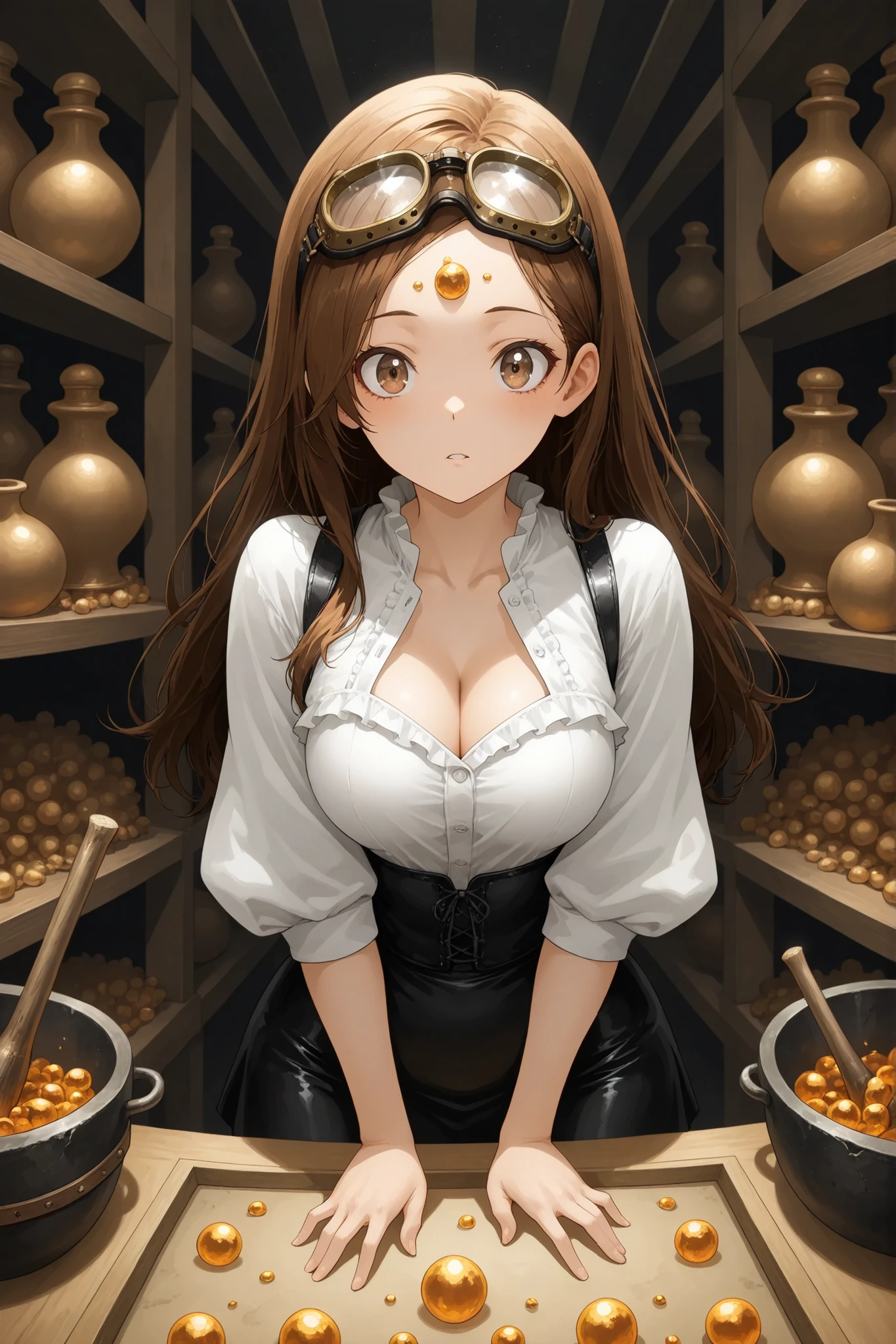masterpiece, BREAK 1girl, 20 years old, beautiful detailed anime face, diligent hazel eyes, BREAK long brown hair, wearing an alchemist's assistant attire: a frilled blouse with open buttons showing cleavage, a leather mini skirt, and protective goggles pushed up on her forehead, BREAK carefully grinding rare minerals with a mortar and pestle in a master alchemist's workshop, surrounded by bubbling concoctions, ancient tomes, and strange apparatus, BREAK studious and curious atmosphere, cluttered but organized workspace, high-quality anime art style.