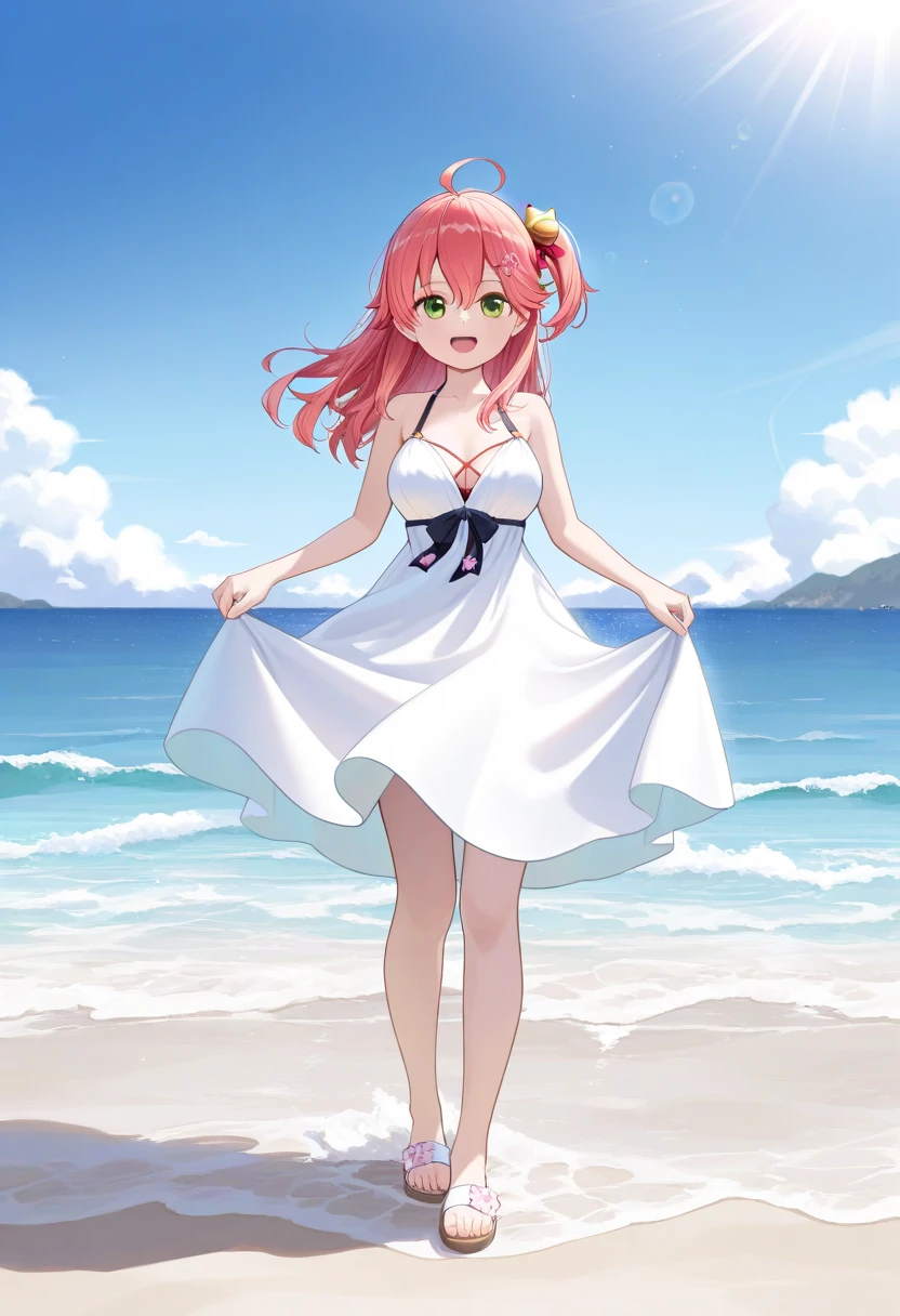1 girl(white pareo, pink hair, half side up hair, flower hair clip, red eye, barefoot), sea side beach,