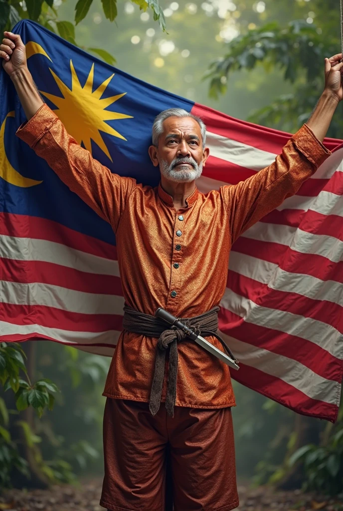 create a malay man wearing malaysian independence themed clothes in red white blue yellow while holding malaysian flag.