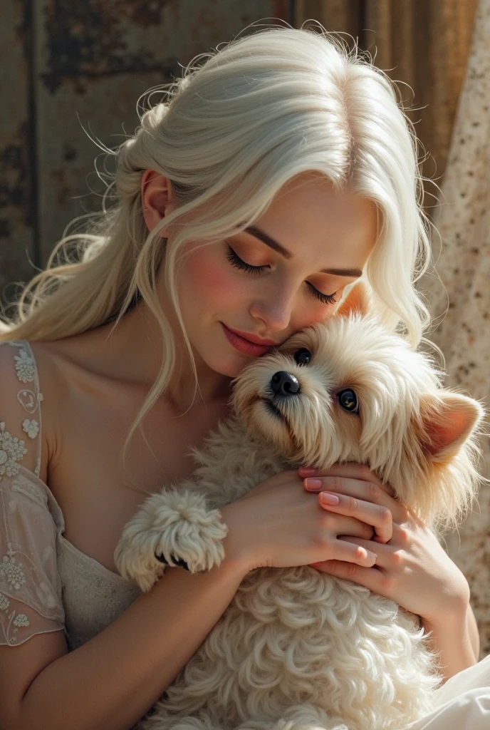Alfard woman sitting in chair with dog on her lap, young Audrey Hepburn, delicate facial features, young, long hair over the shoulder, long brown silky hair with her hands around her Yorkshire Terrier, kissing the puppy.