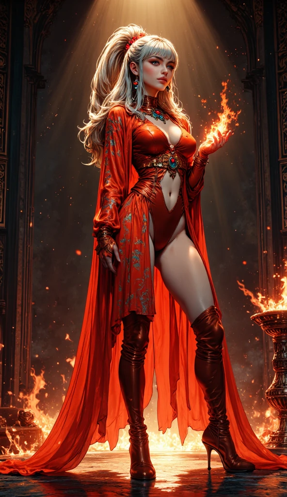 cinematic light, A sexy woman in armor, legendary warrior , A beautiful babe, erotic design , erotic pose, pore white hair, big eyes, body covered with tattoo, red lips, pink dress , FULL BODY, glowing eyes ,cosmic, divine
