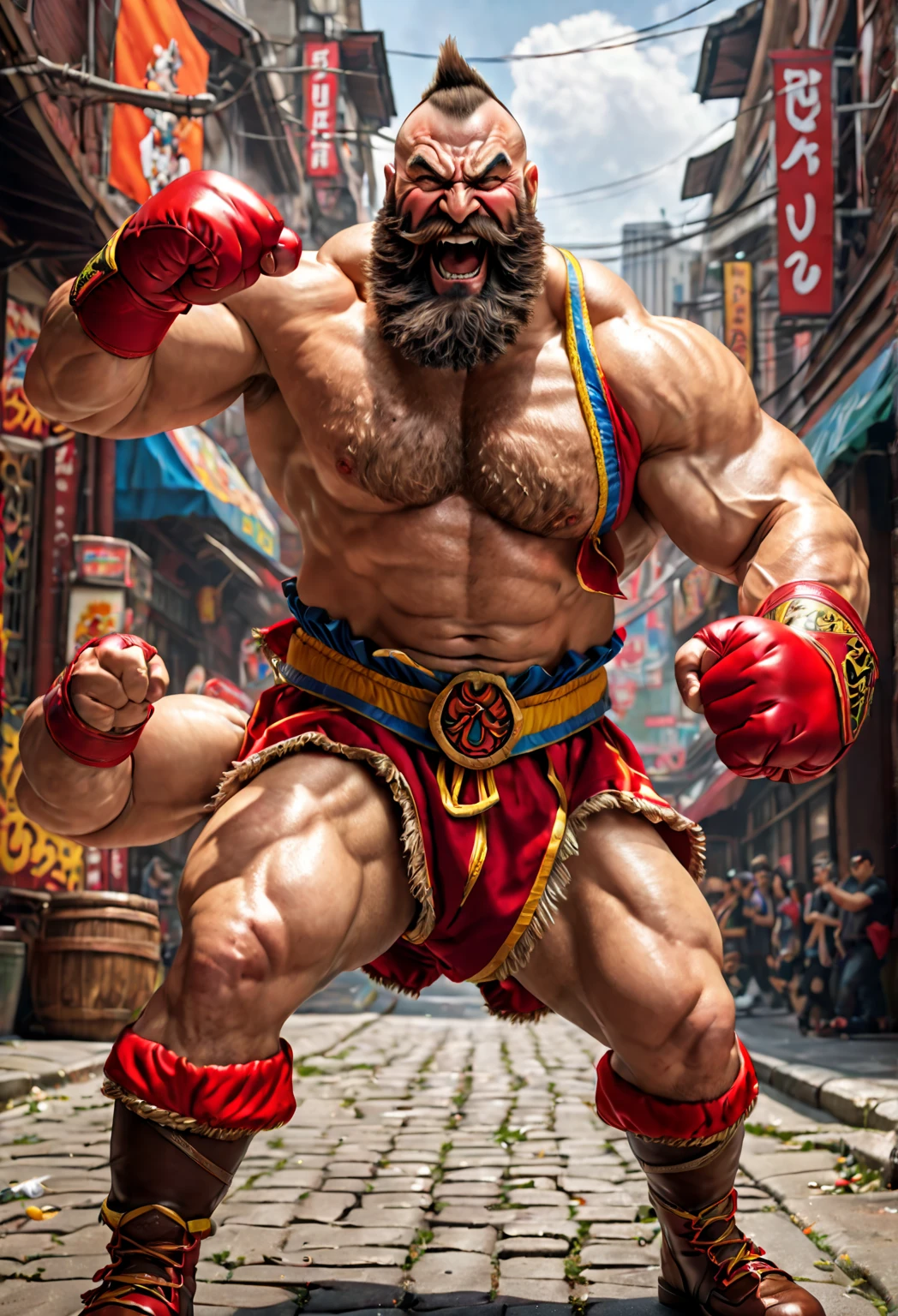 A muscular man with a wrestler's outfit, long hair, and a thick beard, Zangief from the Street Fighter video game series, performing his victory moves while laughing, viewed from a low angle, (best quality,4k,8k,highres,masterpiece:1.2),ultra-detailed,(realistic,photorealistic,photo-realistic:1.37),extremely detailed face and muscles,powerful pose,dynamic action,dramatic lighting,moody colors,cinematic composition