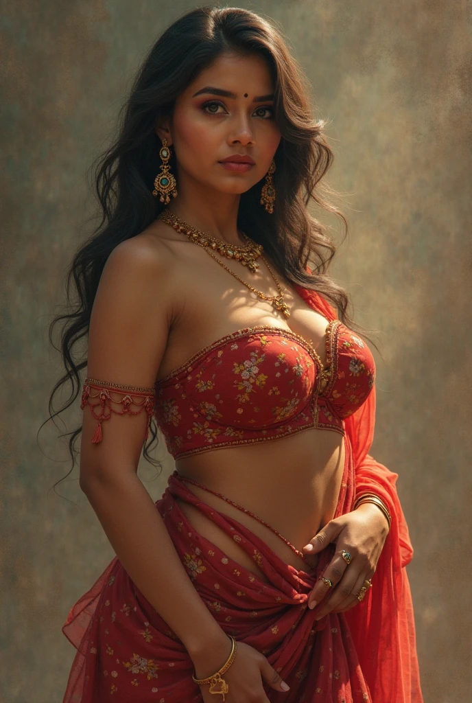 Hot Indian girl in traditional outfit highly detailed body and sensual navel area with nipples showing up dark in colour no saree