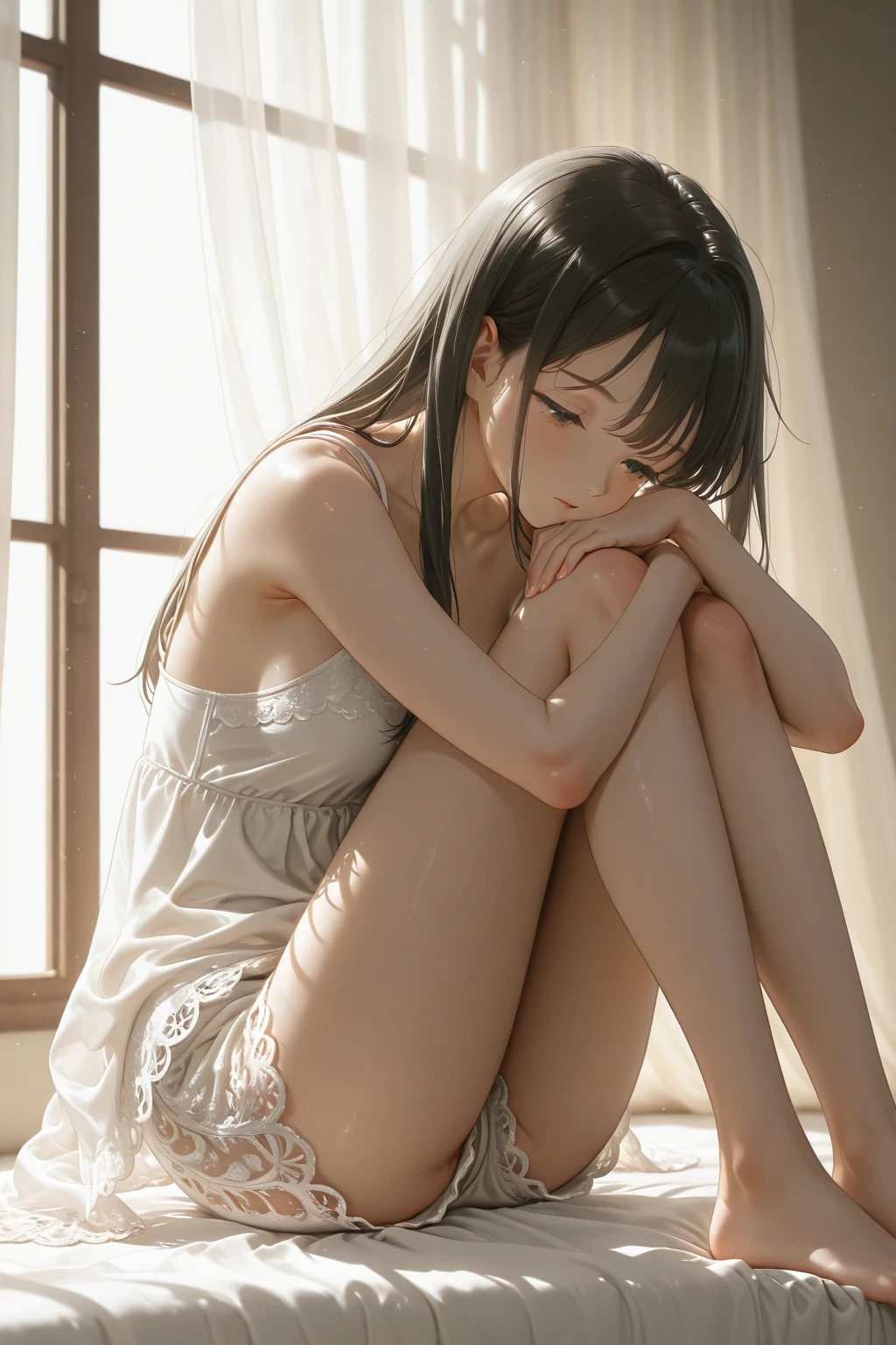 Masterpiece, best quality, Ultra high definition, Full resolution, Very detailed, Professional lighting, beautiful skin, Anime, Brunette girl, Cowboy shot, skinny, Very cute, Young face, sucking and hot, small breasts, dark hair, semi-long hair, sitting on the floor, legs raised, legs open, white panties, buttons coming off, shirt opening, low breasts, navel, ass