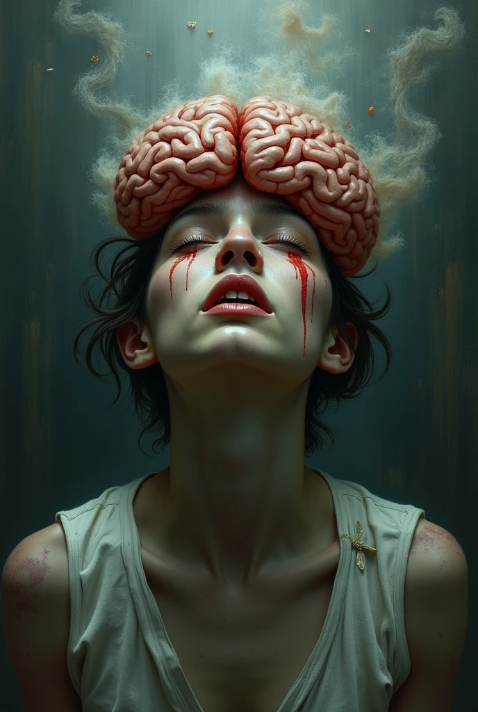 (perfect image), (proportions of the edges filled), (melancholy mood), A brain floating inside a square cage made of black metal bars, depicted as a captivating oil painting on canvas. The brain is rendered in exquisite detail, with prominent wrinkles and convolutions. The colors used are vibrant and expressive, capturing the essence of the brain's struggle for freedom. The eyes of the subject are crying blood. The artwork aims to improve the use of image space, enhancing the proportions between the image and the background. Dramatic details are added to evoke a powerful mood that conveys a profound message about depression and the desolation experienced by an individual