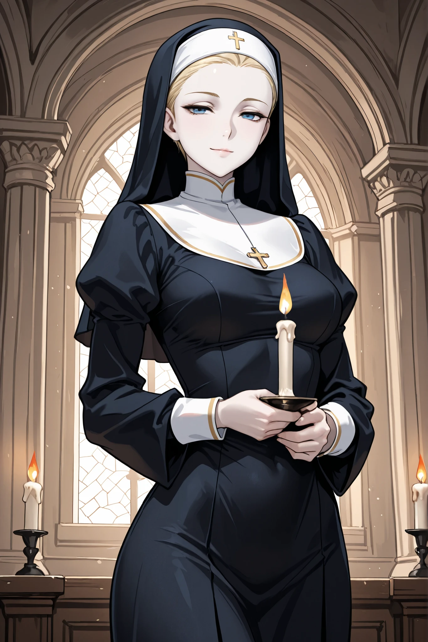 1 woman,solo,beautiful woman,adult,18 years old,blue eyes,narrow eyes,blonde hair,very short hair,pale skin,skinny,masterpiece,general,highres, ultra-detailed,very aesthetic,best quality ,best hands,best eyes,perfect anatomy,anime coloring,easynegative,BREAK,nun,nun's black robe,standing,holding,candle,light smile