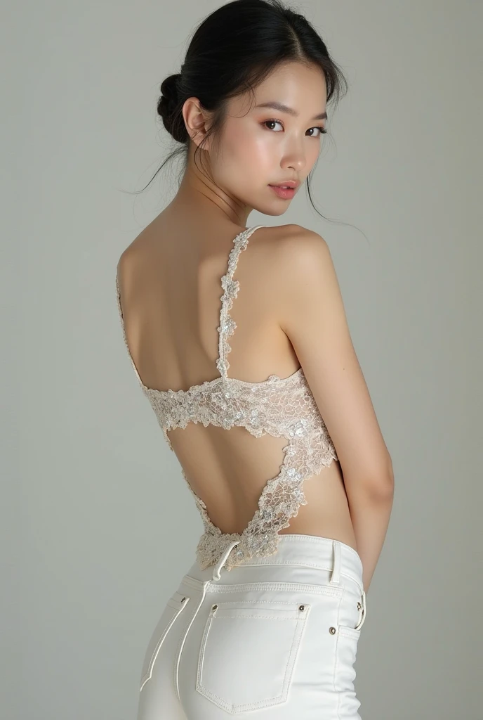 (highres:1.2,ultra-detailed:1.1)1 female, very thin and willowy body, long and slender legs, (black short hair with thick and fluffy bangs), highly detailed face, cosmetics free, small and thin nose, small thin mouth, very sharp focused eyes, Japanese, beautiful face, realistic eyes, fine and beautiful eyes, real looking skin, Ball gown,arched_back