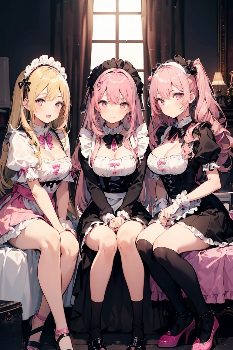 nffsw,Breasts squeezed together,Cooperative,breasts ,breast in 1,hetero,Striped panties,panties aside,((harems)),hetero,Green hair,Light pink hair,Pink Lolita Clothes,Striped socks,Striped panties,blushed face,Cat ears,Pink eyes,Smile with open mouth,Light blue Lolita,garter strap,Top image quality,Best Quality