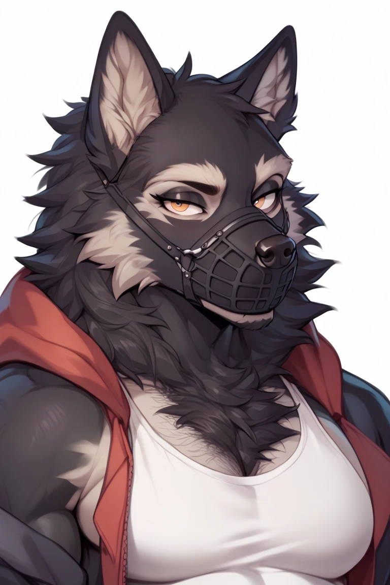 close up, furry, anthro, giant werewolf,wolf ears,wolf tail, dark grey and white fur, messy fur, neck floof, yellow glowing eyes, razor sharp teeth, muscular body, handsome, monstrous, tall, holding leash connected to dog collar, alone, wearing a red dog collar with dog leash, caged dog muzzle, black shirt, black baggy boxer shorts with giant bulge, body covered in scars, pawpads, black pawpads, best quality, 4K, UHD, masterpiece, black background,
