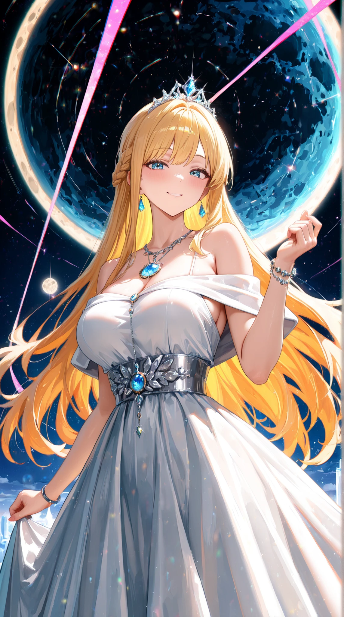 ((Highest Quality)) , (ultra high resolution) , (super detail) , (Detailed Explanation) , (( best CG )) , (best works of art on the Moon) , Ultra Precision Art , amazing drawing art , (ART WITH PRECISE DETAILS:1 . 5), womanhood, off shoulder, sleeveless, dress woven with colorful thread , jewelry tiara, Smile,