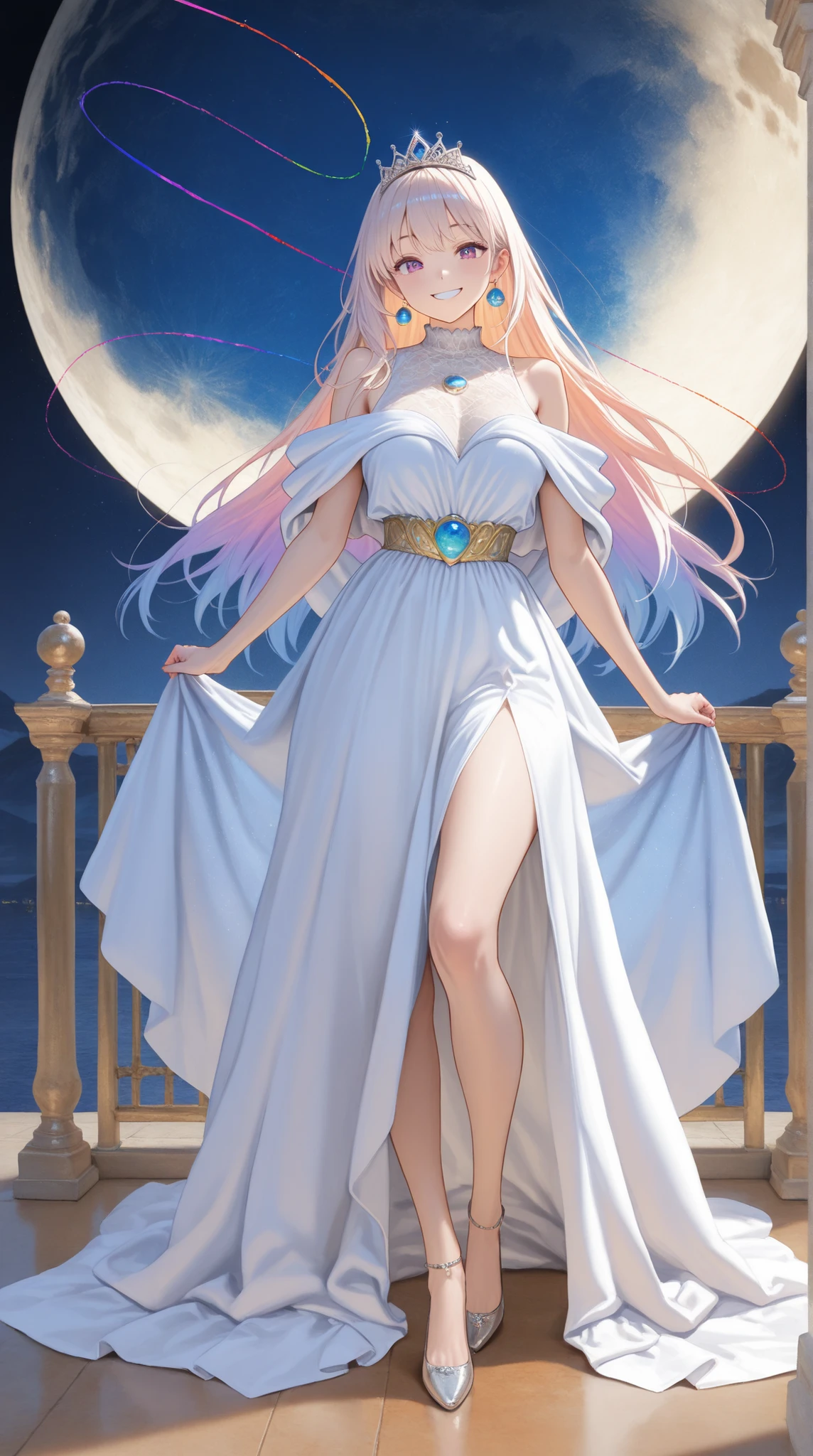 there is a woman in a white dress holding a Music Box, artwork in the style of guweiz, guweiz on pixiv artstation, guweiz on artstation pixiv, guweiz, fantasy art style, guweiz masterpiece, beautiful and elegant queen, beautiful character painting, detailed digital anime art, blonde - haired princess, White hair, sky blue eyes, pink lips