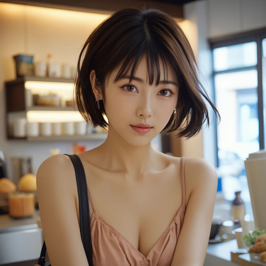 Highest quality、8k、No makeup、masterpiece、クリアなphotograph、Ultra-high resolution、Realistic、Professional Lighting、Natural light、photograph、In a crowded train、smile、Ultra slim、Delicate body、very cute、beautiful girl、Idle class、White skin、(Very short hair:1.8)、(Small breasts:1.8、Flat Chest:1.8)、((Please wear a sleeveless white blouse:1.8、Unbutton your blouse))、(Leaning forward、Her cleavage is visible、Large erect nipples)、(Don&#39;Don&#39;Don&#39;Don&#39;Don&#39;Don&#39;Don&#39;t show your nipples:1.8、Hide your nipples:1.8)、(very good:1.8)、(Wearing white panties)