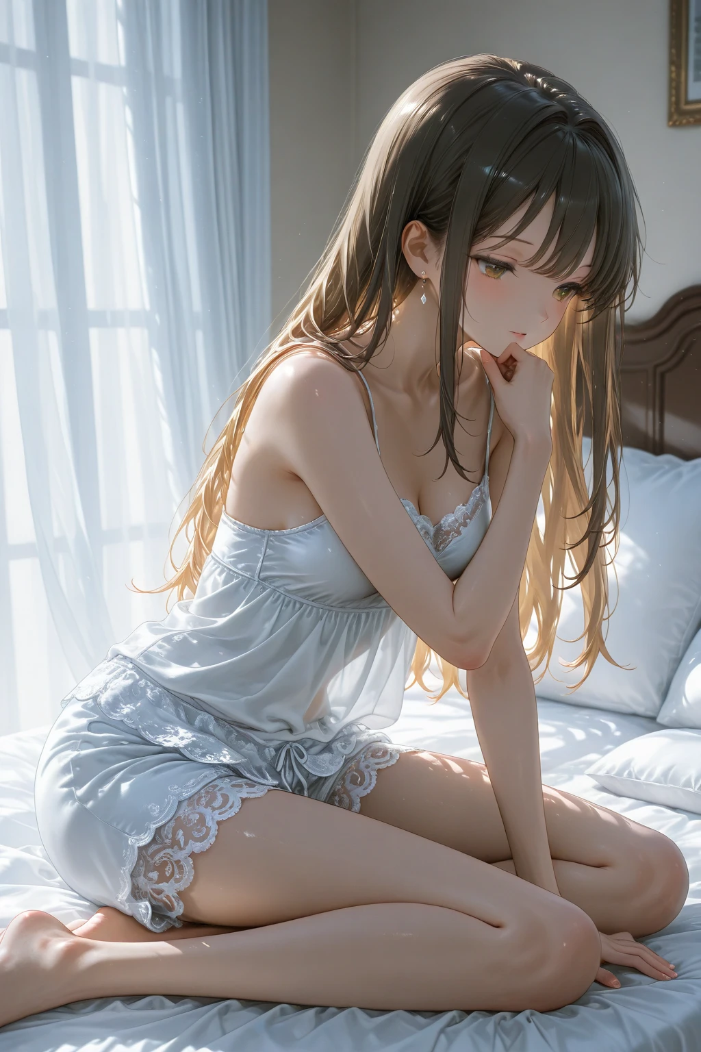(1 girl:1.3), cinematic light, (masterpiece, highest quality, highest quality, official art, beautiful and aesthetic:1.3), very detailed,most detailed,(super detailed),((very delicate and beautiful)), ((Crouching in an abandoned house in the dark night)), From above, Rain, alone, chest, silky long hair, (brown hair), casual clothes, white lace inner, 開いたchest, 26 years old, Unsteady gaze, torn clothes, Concerned, embarrassing, (look up:1.4)