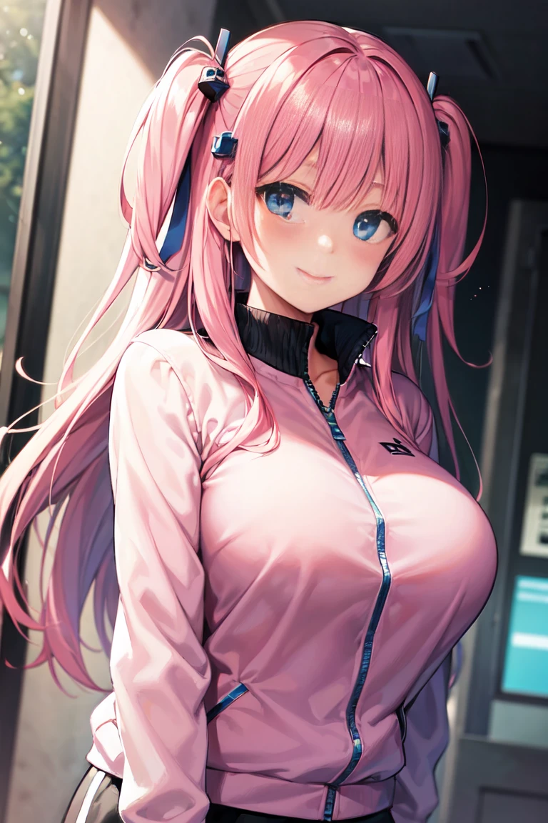 Girl in track jacket a smile top-quality beautiful a girl Long Pink hair a blond huge tit masterpiece blue eyess