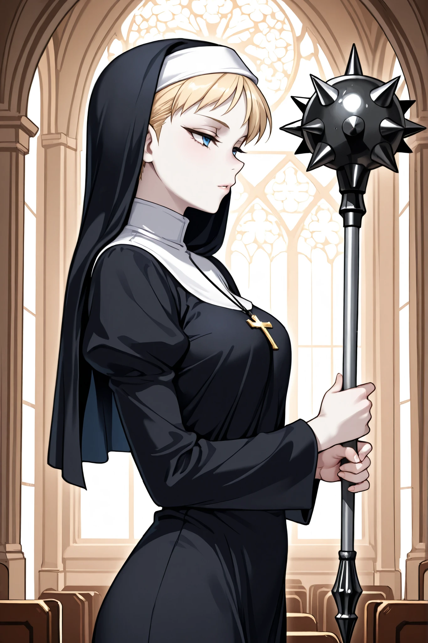1 woman,solo,beautiful woman,adult,18 years old,blue eyes,narrow eyes,blonde hair,very short hair,pale skin,skinny,masterpiece,general,highres, ultra-detailed,very aesthetic,best quality ,best hands,best eyes,perfect anatomy,anime coloring,easynegative,BREAK,nun,christians,nun's black robe,in the church,holding,BREAK,mace (weapon),two-handed,from side