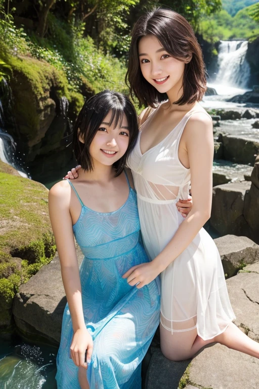 A very large waterfall、In front of Kegon Falls in Oku-Nikko、Watching the waterfall、Admire the waterfall、Overtaking High Resolution、Her breasts overflow from the collar of her kimono.、(Real: 1.4)、Raw photo、Highest quality、(Photorealistic)、concentrated、Soft Light、((12 years old))、((Japanese))、(front、Young Face)))、(Depth of Limit)、(one piece)、masterpiece、(Photoreal)、woman、bangs、1 beautiful Japanese model、12 years oldwomanモデル、4K、high resolution、bangs、Black Hair、kimono、white and blueflower Long-sleeved kimono、Japanese style floral pattern:1.5、A cute face like an idol:1.4、Slim and beautiful body、Beautiful breasts、Laughter、Esbian all over body:1.2、Enhanced Dynamic Perspective、Cute cute beautiful girl、Beautiful Skin、look at me and smile、Simple Background、Masterpieces、high resolution、4K resolution、Overtaking