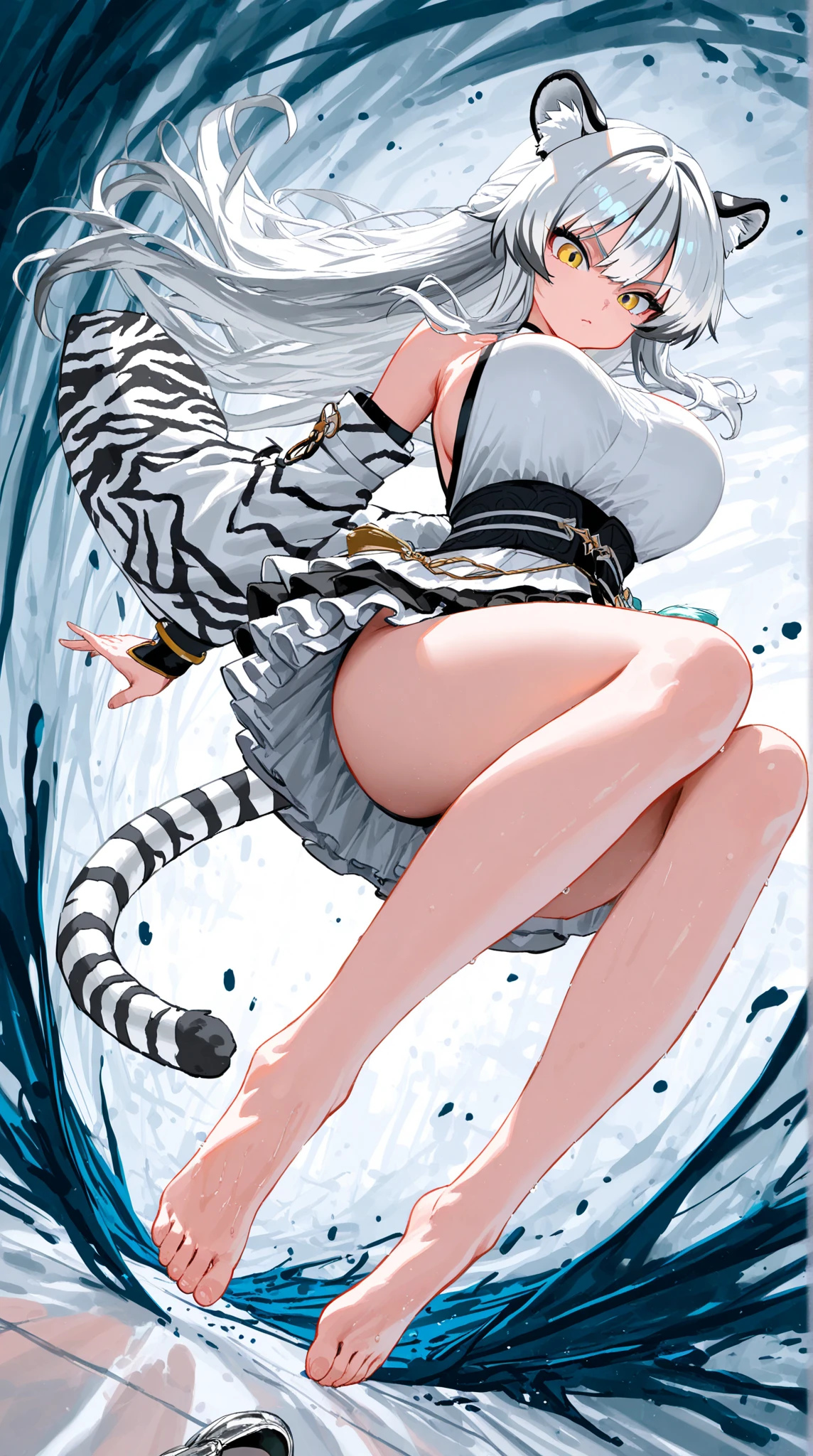 sexy, white tiger cat girl, white tiger stripes, black hair, blue eyes, slender, , mountains, white fur, white skin, white tiger tail, white tiger pussy, wet pussy, getting fucked nsfw