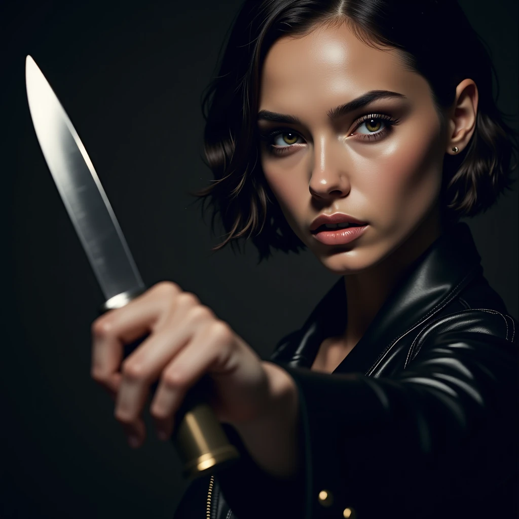 blonde woman with short hair, Black pants and blouse, long sleeve and high neck blouse, she is thin, He has his left hand on his waist and his right arm stretched forward in his hands., holding scissors to cut hair