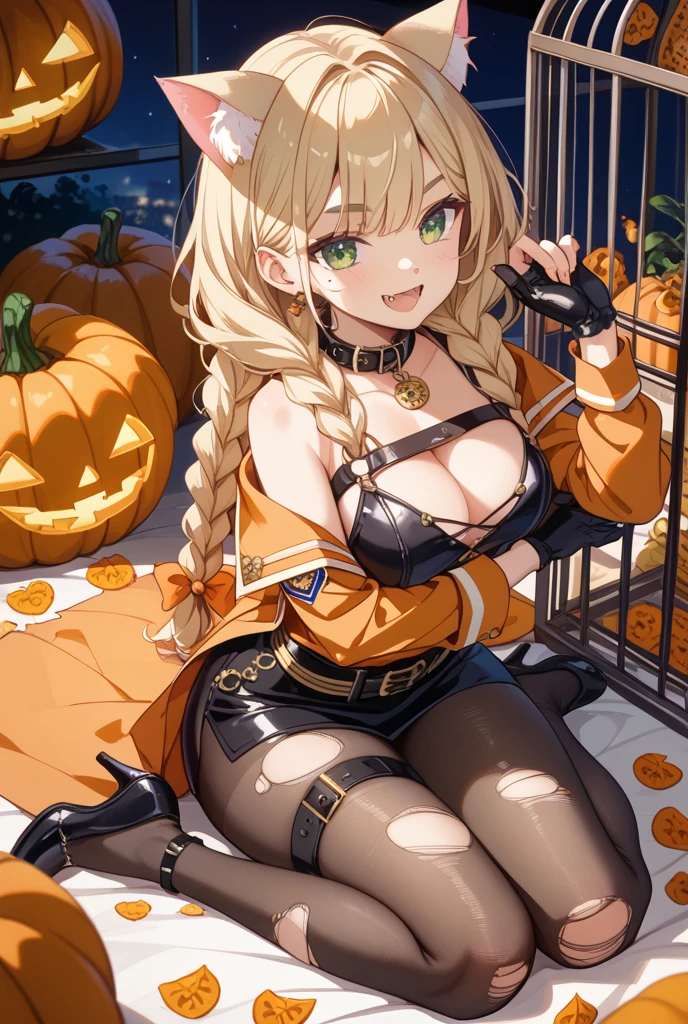 hight resolution、hightquality、ultra-detailliert、8k wallpaper、1人の女性、adult-like、Beautiful fece、Wearing a shark costume、Teeth are shark fangs、Kamimei、Melancholy is in the air、Lovers feeling、Be loved、Familiarity、Lots of gold and black、Gold and black background、a blond、Sprinkled with Halloween pumpkins