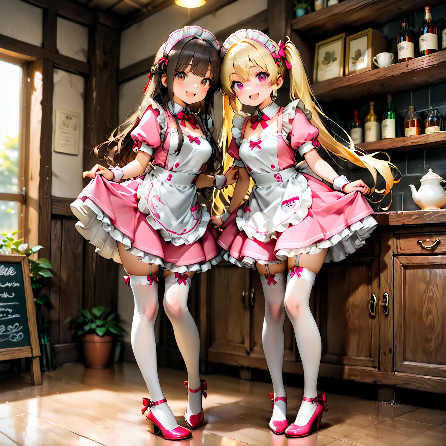 (2 young girls with long hair, Beautiful face and eyes and eyeliner,A delicate little face, pink eyes, Charming smile, (Maid cafe outfit with frilly, Sheer pleated mini skirt:1.5), (Transparent maid cafe costume with large open breasts and hollow:1.2), Sexy transparent underwear,Show belly button, Revealing sexy transparent white panties (very pretty girl), brown hair, Fashion hair accessories quality:1.4), (Extremely detailed),Pendants and earrings、 (Extremely detailed CG unified 8k wallpaper), Very detailed, High-resolution original color photos, Professional photography, Depth of Field, (view from below),