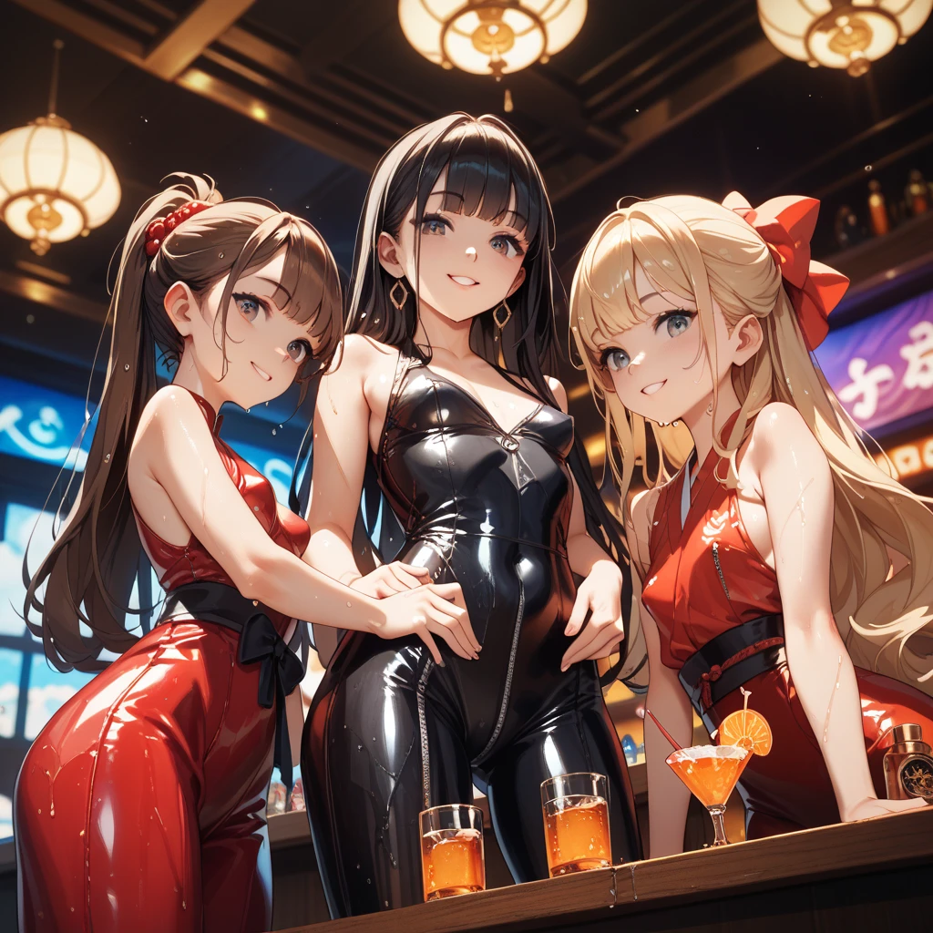 Two young beautiful women,(Highest quality,Extremely detailed depiction,Incredibly absurd high resolution,Anatomically accurate depiction,Two lovely hands, Five perfect fingers,Curvy Legs),(Glowing Skin、Shiny skin、Oilskin),(High gloss latex bunny dress,High heels,black tights,Tanned brown skin,Perfect body),(Wicked Smile,blush,eyelash,Sidelong glance,Glossy red lipstick,Part your lips,There is cleavage in the chest,Large Breasts,Seductive pose),A little sweat,background:Inside the casino,SFW:1.5