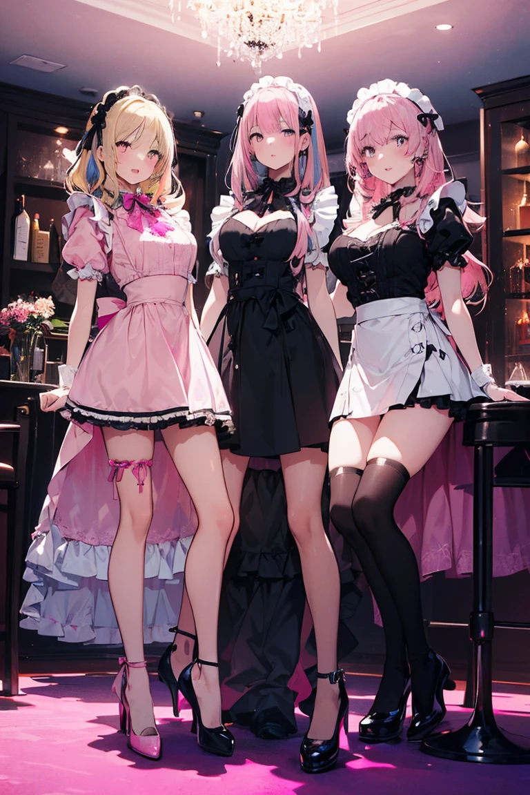 (masterpiece、top-quality、ultra-detailliert)、((1 girl))、((Pink hair twin tails))、light blue eyes、evilsmile、piercings、((very Bigger breasts))、jirai fashion、pink clothing、frilld、a black ribbon、Black miniskirt、cowboy shot、Downtown background at night