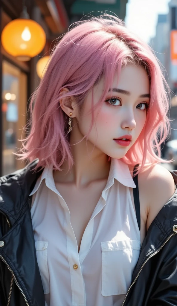 masterpiece, top-quality, ((1womanl)), Adults, different color, finely eye and detailed face, intricate detailes, Casual clothing, window, A smile, Happiness, tenderness, high-level image quality、 selfee, Beautuful Women、tall、The upper part of the body、nightfall, nighttime scene、𝓡𝓸𝓶𝓪𝓷𝓽𝓲𝓬、Korea person, Idol Photos, k pop, Professional Photos, Vampires, Korean fashion in black and white, Fedoman with necklace, inspired by Sim Sa-jeong, androgynous vampire, :9 detailed face: 8, extra detailed face, detailed punk hair, ((eyes are brown)) baggy eyes, Seductive. Highly detailed, semi realistic anime, Vampires, hyperrealistic teen, Delicate androgynous princess, imvu, ((short hair woman)), Pink hair woman with wild look, ((Woman with long pink hair)), ((1 person))