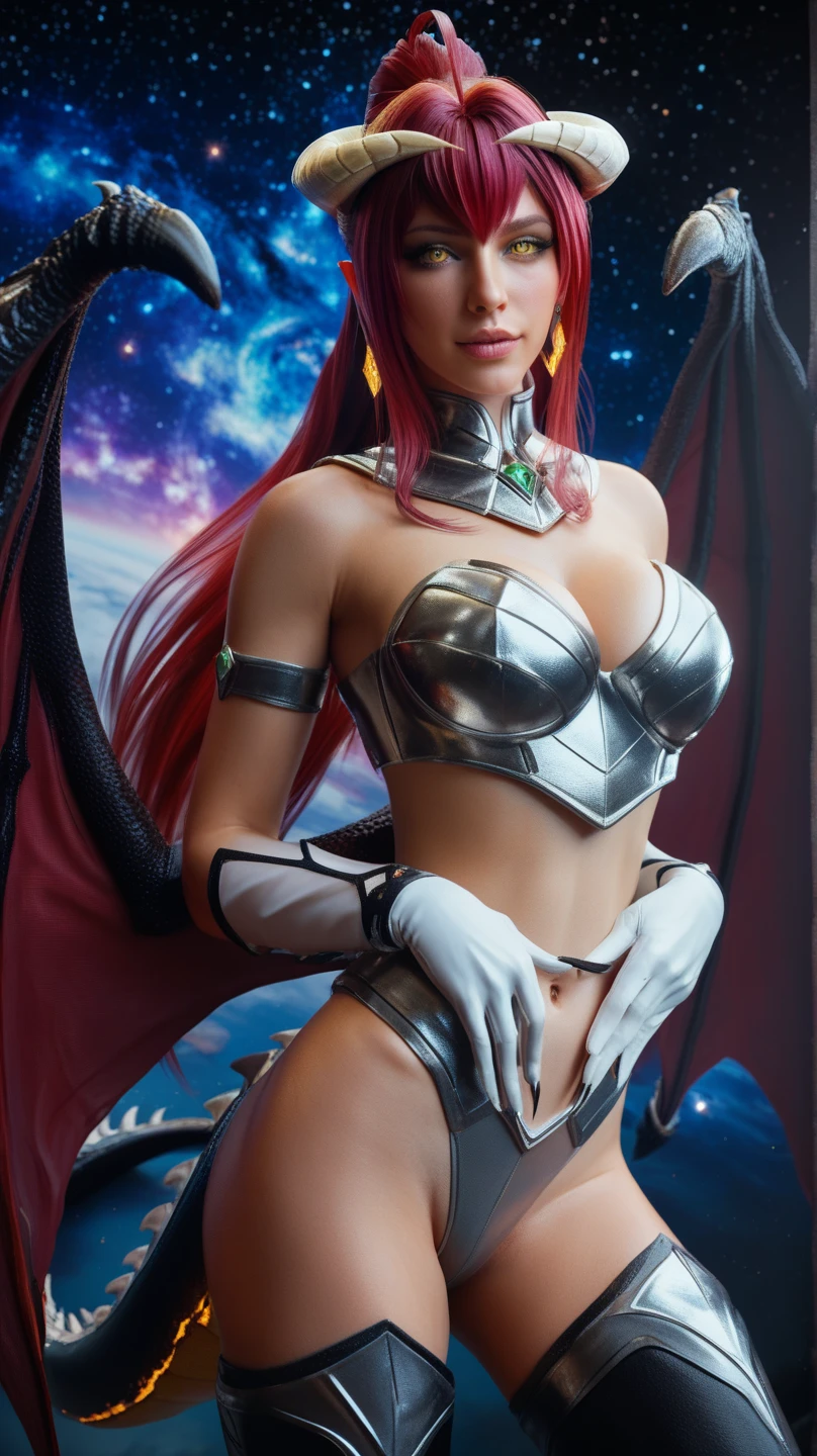 White pale demon,mature woman,perfect body,standing,black straight hair,hair over eye,one glowing eye,hime-cut,horns,purple lips,big breaats,arms tatoo,elbow glove,claw,fantasy armor,cleavage,full armor,red gem in center chest,cleavage,futuristic,mechanical suit,full armor,seductive smile,purple led trim,dc comics,seductive smile,hands over head,super villian,nsfw