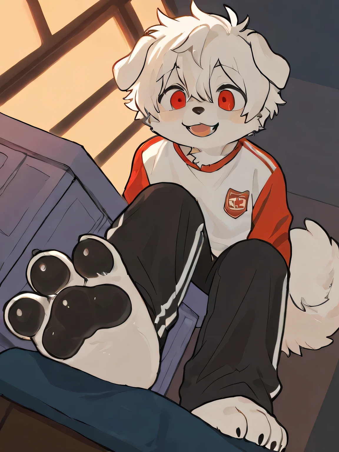 source_ furry, Hadrian , furry male, elementary school student,((boy )), Dog boy ,short hair,Masterpiece, Newest,Absurd Results, incredibly Absurd Results, messy hair, cute anthro, unique,red eyes, Smile, barefoot, Stamp your feet, sole, toe, shorten, View from below, Indoor,claw pads, make milkytiger1145 , author: k0bit0wani ,( cute),boy