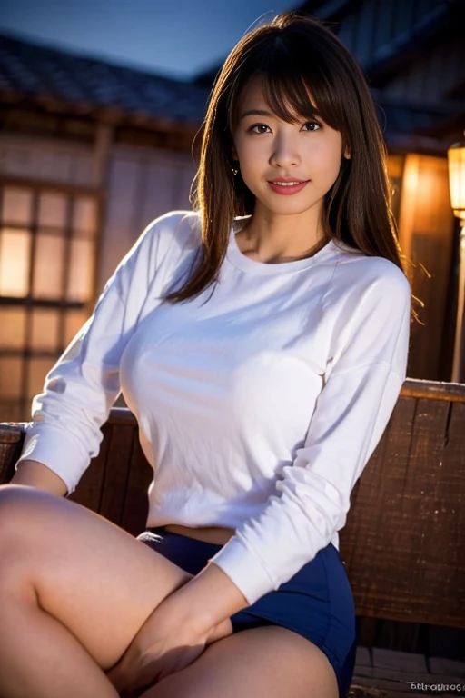 {Highest quality}、{so beautiful}、{Highest quality}、{Best illustrations}、super high quality、Japanese Girls1people、Casual clothing、mini skirt、Orange panties、Attractive thighs、Spread your legs wide、Open your chest wide、Face of joy、Small breasts、smile、No underwear、Sitting、Raise one leg、No underwear、Fold up the hem of the skirt a little