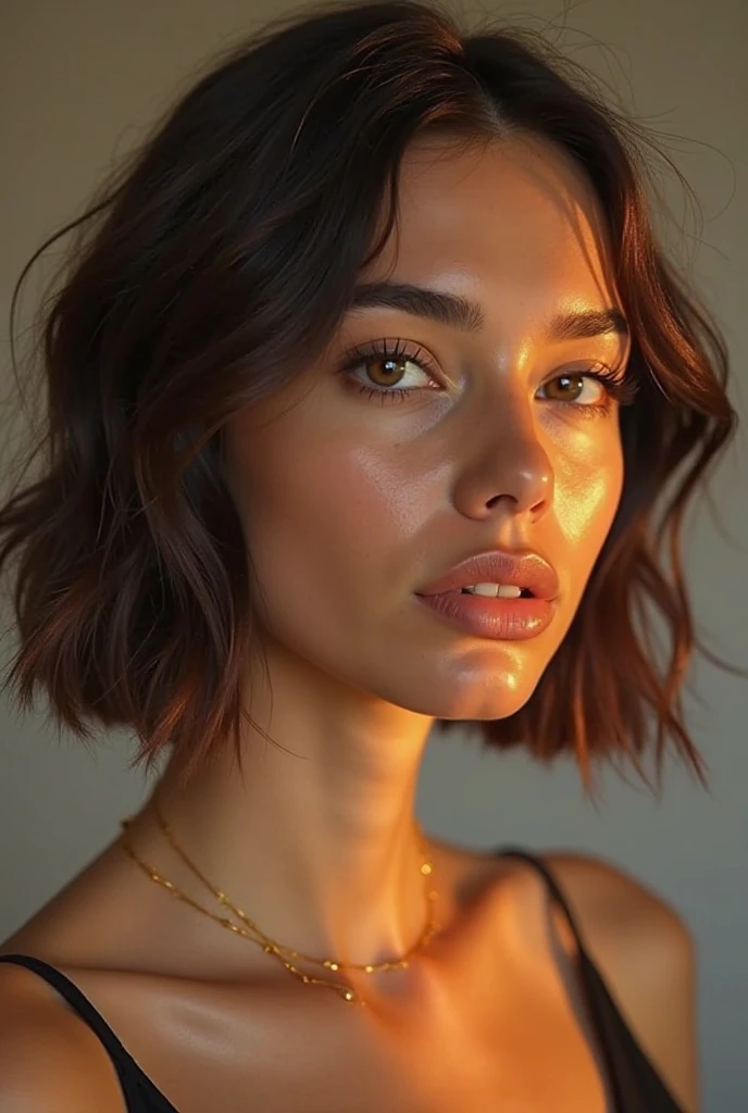 Portrait of an Instagram influencer with short dark hair and straight, slightly wavy hair, brown eyes, big lips, a small nose and a sincere smile, a pretty, shapely face, small freckles, half naked in bed like in Onlyfans