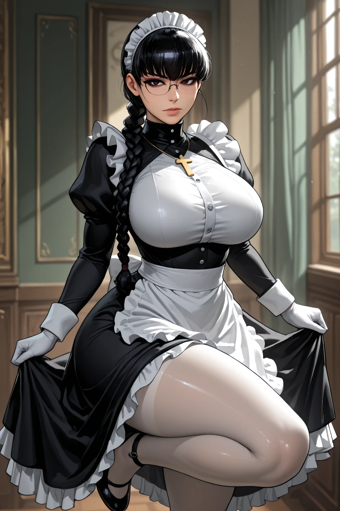 {{masterpiece}},high quality, 4K, 2D, 1 girl,{simple gray background},(attractive mature lady:1.6),milf,standing,sagging breasts,(gigantic breasts:1.5),maid,front face,{{tareme}},attractive mature lady,black hair, {from right in front of face and body},View viewers from front,{front facing shot},Wear glasses,(serious:0.1)