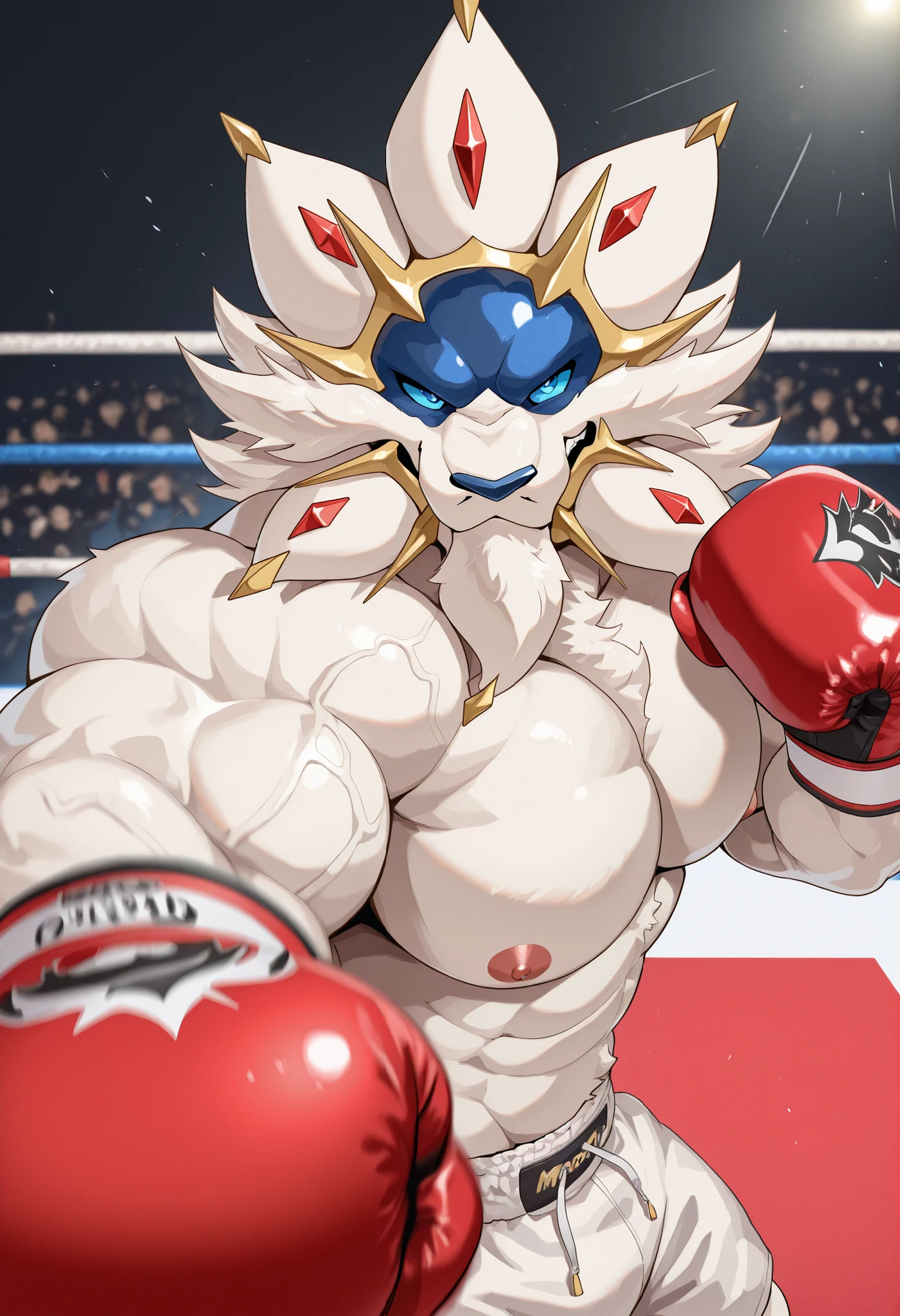 zPDXL3, pov_boxing, mercilessly punching_the_viewer, foreshortening, motion blur, red boxing gloves, white boxing shorts, depth of field, extreme perspective, extreme closeup, closeup, action shot, boxing, dynamic punching pose, motion lines, impact lines, mercilessly punching the viewer, cropped head, boxing ring background, braker Solgaleo heavy wait boxing champion, furry male, heavy muscular, veiny muscles, looking at viewer, ruthless smile, bedroom eyes, smug, bara, large pectorals, lowangleview-3000